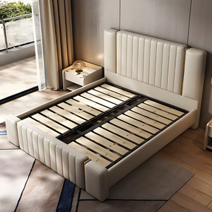 סגנון איטלקי אור עור יוקרתי מיטה זוגית מודרנית המלכה גודל מסגרת עץ - Product Image 5