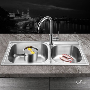 Évier de cuisine double en acier inoxydable 304 Ouert Oh-8143a à encastrer, surface polie, coins arrondis, type Star Basin - Product Image 2