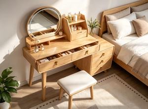 Premium Oak Combined Dressing Table Round <b>Mirror</b> Double Side Storage Cabinet Makeup <b>Vanity</b> Set With Cushioned Stool - Product Image 6