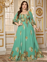 Robe de soirée élégante en mousseline de soie, grande taille, coupe aléatoire, imprimé floral, col cœur, manches longues lanternes, plissée, coupe trapèze, longueur maxi