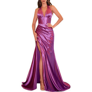 OEM/ODM Sexy V-neck Satin High Split Banquete Prom Dress Mulheres Elegante Longo Casamento Modest Slim Fit Evening Party Gown Dresses - Product Image 4