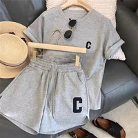 Set 2 Potong Piyama Pendek Wanita Musim Panas, Kaos Lengan Pendek Longgar, Celana Pendek Kasual Bermotif Huruf, Bahan Poliester, Ukuran Besar