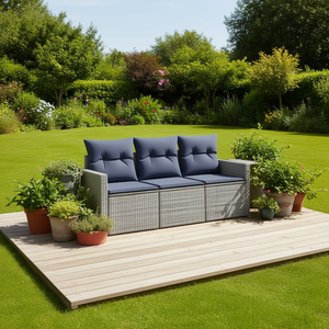 Ensemble de canapés de jardin en polyrotin gris, 3 pièces, avec coussins, meubles d'extérieur, design contemporain - Product Image 2