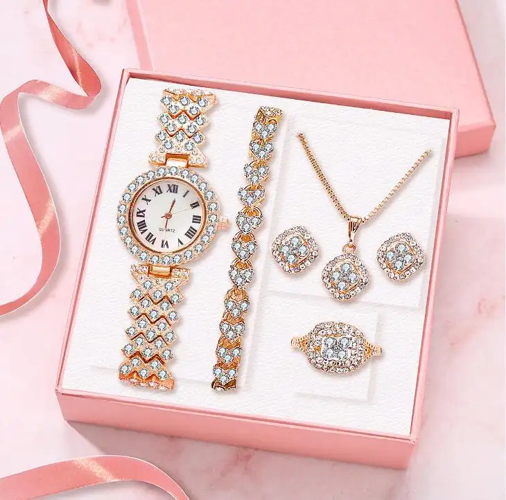 Fashion Luxury Full Crystal 5 Pcs/6 Pcs Watch Set Diamond Necklace Earrings Set Jewelry For Women Gift /