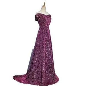 Purple Sequined Off The Shoulder Evening Gown Sheath Silhouette Natural Waistline Party Banquet Dress Women Spring - Product Image 4