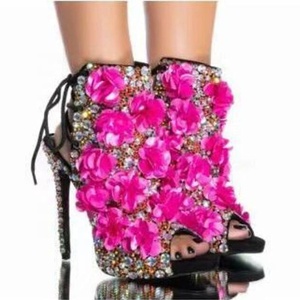 Luxury Colorful Diamonds Women Back Lace up <b>Shoes</b> Flowers Peep Toe High Heel Sandals Dress Stiletto Party Pumps - Product Image 5