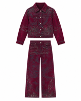 Ensemble de costume Tang pour femme avec veste courte classique à rayures bordeaux et pantalon large à imprimé pailleté