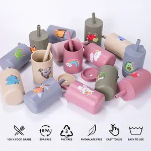 Amazon Sippy Price Silikon Wasser becher für Baby Cute Cup mit Stroh Custom ized Bowls Cup Lätzchen Löffel Silikon Baby Feeding Set