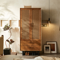 Armoire en rotin en bois massif de style mi-siècle, armoire de rangement, style wabi-sabi, chambre d'hôtel, armoire à deux portes