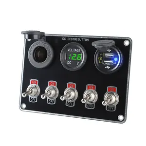 12V 24V 5 Gang Toggle Switch Voltmeter 2 USB QC3.0 Car Charger Automotive RV Camper Marine Boat LCD Switch Socket Panel