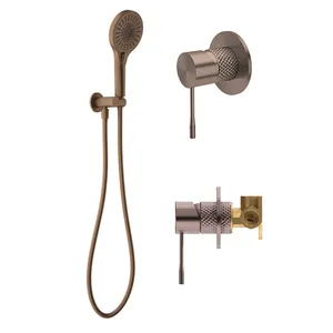 Modern Mewah Emas Knurling Kamar Mandi Shower Mixer Valve PVD Dilapisi Kuningan Shower Set Mixer Miscelatore Doccia Bagno