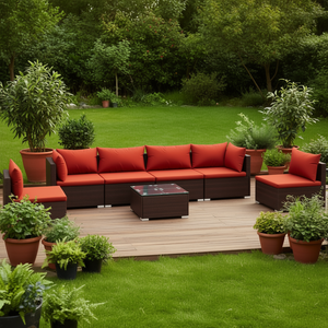 Ensemble de salon de jardin rouge cannelle en rotin brun, mobilier d'extérieur 6 places, résistant aux intempéries, design contemporain - Product Image 2