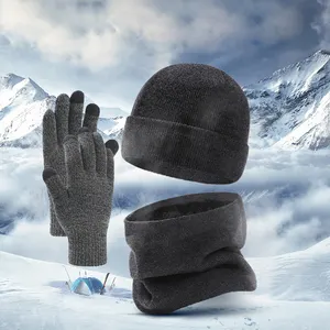 Женский, мужской, женский зимний теплый вязаный комплект из шарфа, шапки и перчаток с помпоном для сенсорного экрана