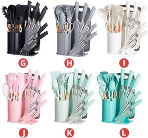 Ustensiles de cuisine en silicone 19 pièces, spatule de cuisson double niveau, cuillère, couteau à découper à tête électrolytique, support de rangement, seau de rangement - Product Image 5