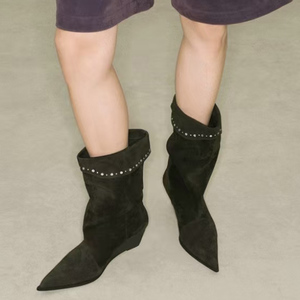 Women's Diamonds High Wedge Heels Ankles <b>Boots</b> Wide Top on Shoes Pointed Toe Suede Pleated Short Booties - Product Image 2