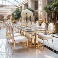 Ensemble de table et de chaises de salle à manger d'hôtel en acier inoxydable et verre trempé, style moderne et luxueux, pour les mariages, les événements et les fêtes
