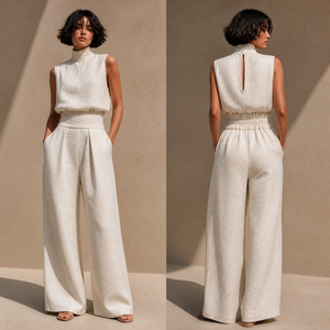 Completo Due Pezzi <span class=keywords><strong>da</strong></span> Donna: Top Senza Maniche con Collo Alto e Pantaloni a Vita Alta a Gamba Larga, Effetto Lino, Elegante Tuta Casual Estate-Autunno 2026 - Product Image 5