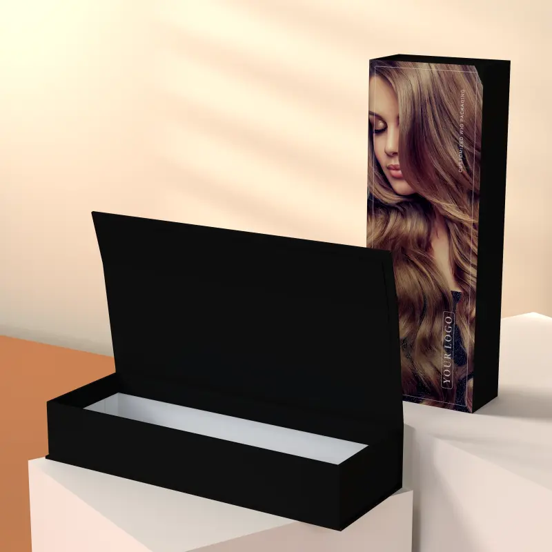 Cajas de regalo de cartón rígido de lujo caja de extensiones de cabello magnético al por mayor personalizado con cinta para pelucas de embalaje