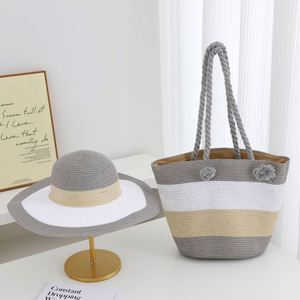 Ensemble populaire de sac de plage et chapeau de soleil pour les vacances d'été, 2 pièces, sac fourre-tout en paille à fermeture éclair pour femme, idéal pour l'extérieur - Product Image 3