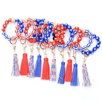 Großhandel Holz perlen Armband Schlüssel anhänger Mode Frau Armband mit Quaste Amerika Flagge Lady Leoparden muster Leder Schlüssel ring