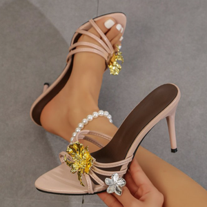Nuove e Trendy, Eleganti Ciabatte con Tacco Alto, <span class=keywords><strong>Sandali</strong></span> da Donna Sexy a Punta Aperta con Decorazione Floreale <span class=keywords><strong>in</strong></span> Metallo - Product Image 5
