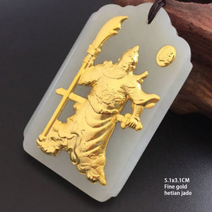 Collier avec pendentif en <span class=keywords><strong>or</strong></span> 24k, bijou à la mode, en pierre de jade hétian, traditionnel chinois, héros Guan yu - Product Image 1