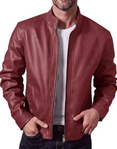 Veste en cuir PU pour homme Racbo Impex, col montant, fermeture éclair, couleur bordeaux unie, vêtement d'extérieur décontracté - Product Image 1