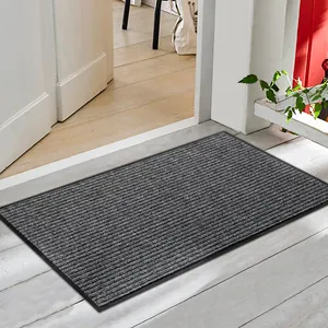 Black Gray Dirty Resistant Double Ribbed Stripe Polyester Non-Slip Outdoor Floor Mat Entrance Non-Slip Doormat