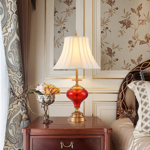 Xingzhong pháp Baroque cổ điển giường bên Brass vải bảng đèn phong cách Châu Âu sang trọng cổ kính màu đỏ bàn đèn - Product Image 3