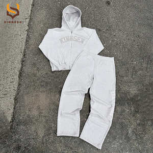 Casual Wear High Quality Custom <b>3D</b> Embroidery logo Grey Pullover <b>Hoodies</b> and Baggy Sweatpants Set Jogging Suit - Product Image 2