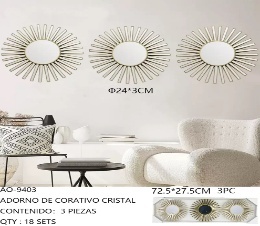 Decorative <b>Wall</b> <b>Mirror</b> <b>Set</b> 3Pc 72x57.5Cm Round Metal Sunburst Design <b>Wall</b> Decoration - Product Image 3