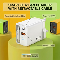 Chargeur mural rapide GaN 80W avec câble rétractable, adaptateur PD PPS pour téléphone et ordinateur portable, vente en gros, personnalisation des couleurs OEM