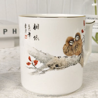 Tasse de conférence créative de fleurs et d'oiseaux de Style chinois avec couvercle tasse en céramique d'affaires de bureau à domicile avec bordure dorée