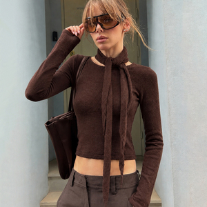 European street built in scarf <b>crewneck</b> slim flattering <b>sweater</b> fall winter vintage spicy versatile casual top for women - Product Image 2