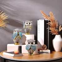 Nouvel ensemble de 3 ornements populaires Art Déco en forme de hibou, statues d'animaux gravées en résine pour salon et anniversaire