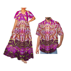 Abito Elegante a Strati con Scollo a V per Donna e Camicia con Colletto per Uomo con Stampa a Sublimazione Design Polinesiano Tie-dye - Product Image 2