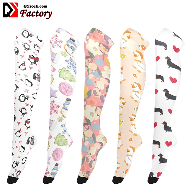 Thigh High Printed Elastic Socks Compression Custom Logo Designer High Quality Manufacturer Wholesale Women Tights Breathable