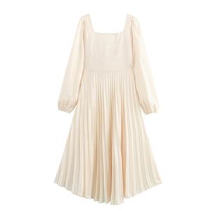 Vente en gros de vêtements pour femmes sur mesure, robe longue élégante à manches longues de haute qualité, col carré, robe maxi plissée - Product Image 2