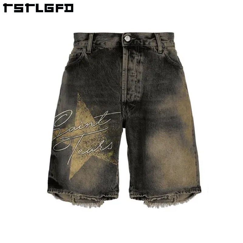 ★TRILLION★STAR APPLIQUE DAMAGE WASHING DENIM SHORTS★ Custom Summer Embroidery Rhinestone Applique Streetwear Acid
