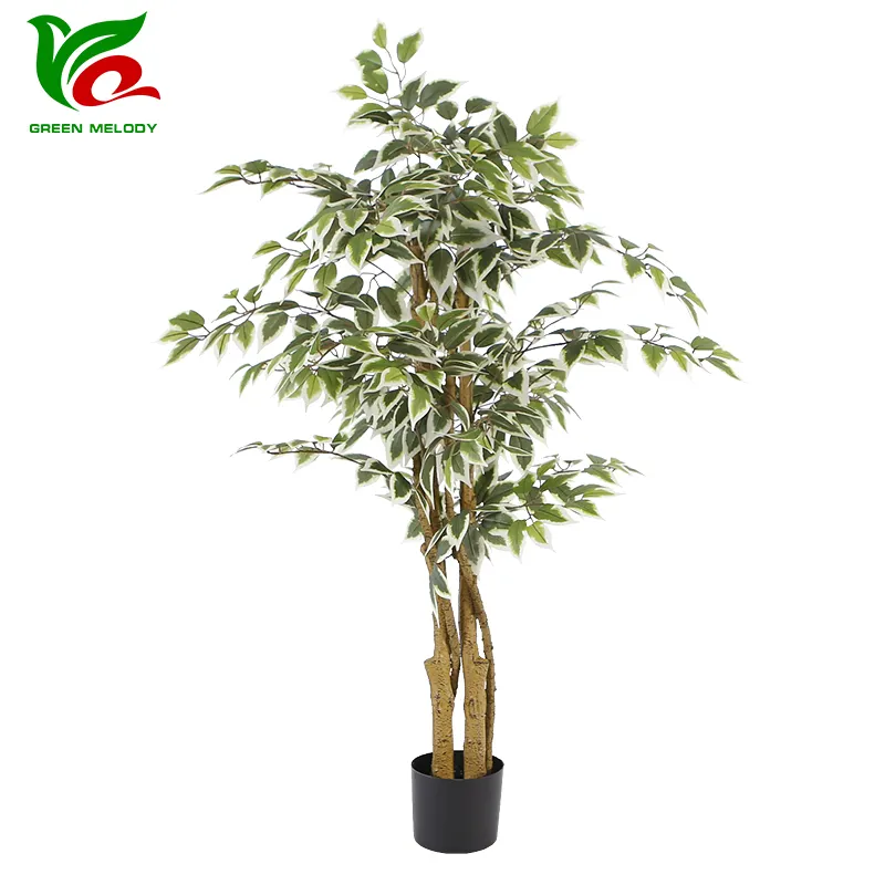 Albero di Ficus artificiale 4ft pianta di seta finta con foglie verdi con bordi bianchi realistici per l'arredamento di Home Office al coperto