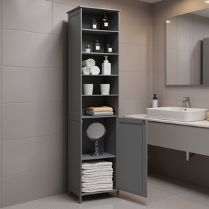 Armoire de rangement de salle de bain autoportante de 72 pouces, 5 étagères en bois, design gris gain de place - Product Image 2