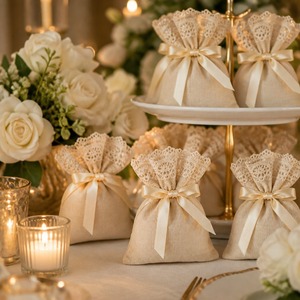 Sacs cadeaux de mariage en jute légers et écologiques avec dentelle et ruban de satin, personnalisables avec logo, vente en gros - Product Image 2