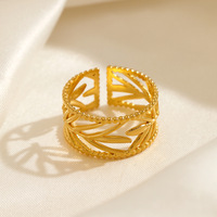 Cincin Daun Stainless Steel yang Dapat Disesuaikan, Bergaya Minimalis, Berlapis Emas 18K, Cocok untuk Influencer Online
