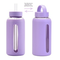 Bouteille d'eau en verre de 800 ml avec manchon en silicone, marqueur de temps, rappel d'hydratation, deux couvercles, anti-fuite, grande capacité, portable, logo personnalisé