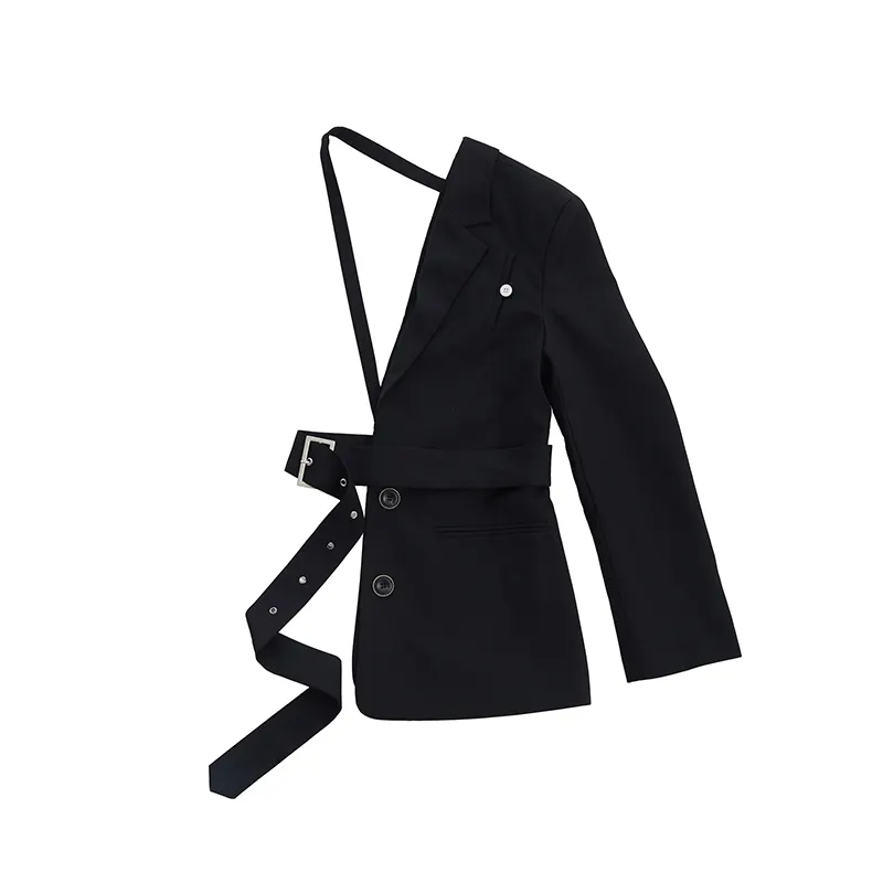 Women Blazer Black Half Jackets Special Waist Belt Designer Blazer Irregular Long Sleeve Personality 2022 spring Women blazer
