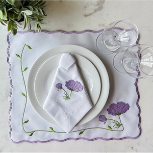 Custom Pattern 100% French <b>Linen</b> Cotton Napkins Handmade Wedding <b>Table</b> <b>Linen</b> Placemat with Embroidered Scalloped Edge - Product Image 1