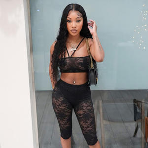 2025 yaz Halter 2 parça şort takımı dantel See Through straplez üstler yüksek belli pantolon seksi örgü iki parçalı Set - Product Image 4