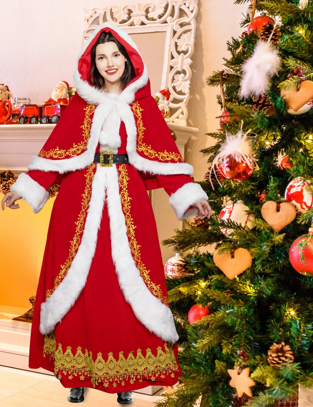 女性の赤いクリスマスドレススーツミセスサンタコスプレコスチューム、ポリエステルマントと大人用アクセサリー