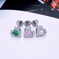 Boucles d'oreilles en titane F136 16G à dos plat, bijoux de corps pour piercing d'oreille, conch, tragus, hélix, labret en forme de cœur pavé de CZ