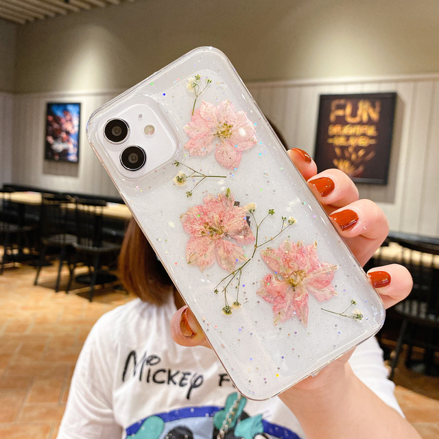 Transparent Back Dried Flowers Phone Case Cute Floral Pattern Slim Soft TPU Women Girl's Phone Cover for iPhone 16 Pro Max 15 14
